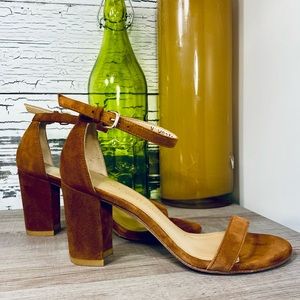 Stuart Weitzman “Nearly Nude Strap Sandal” in Brown Suede